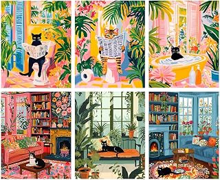 Canrichshop 6 Pack Cat Paint by Numbers Kit for Adults Without Frame,Funny Black Cat DIY Adults' Paint-by-Number Kits on Canvas,Easy Acrylic Painting Beginners Decor 9.8x13.8 Inch