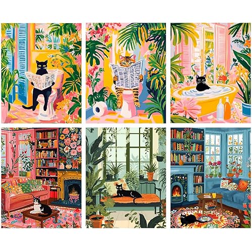Canrichshop 6 Pack Cat Paint by Numbers Kit for Adults Without Frame,Funny Black Cat DIY Adults' Paint-by-Number Kits on Canvas,Easy Acrylic Painting Beginners Decor 9.8x13.8 Inch
