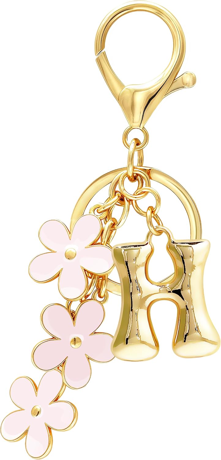 Gold Bubble Letter Keychain, Initial Bag Charms for Handbags, Cute Flower Purse Accessories for Women, Monogram Gift