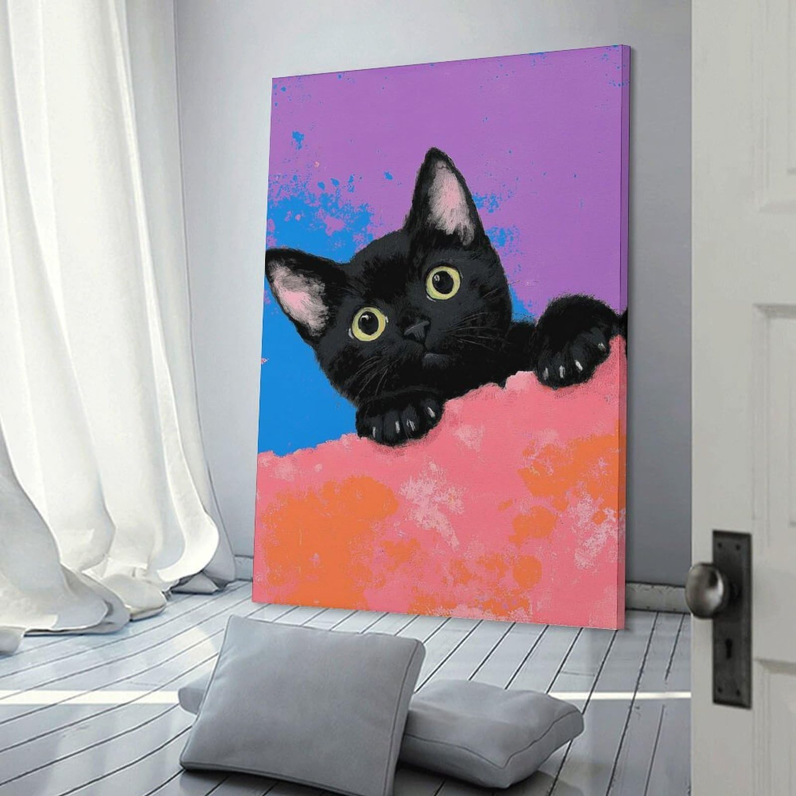 Junmoney Black Cat Peeking Art Wall Picture Print, 24x36inch(60x90cm), for Art Walls, Layered Displays Or Homes, Home Wall Art for Statement Displays