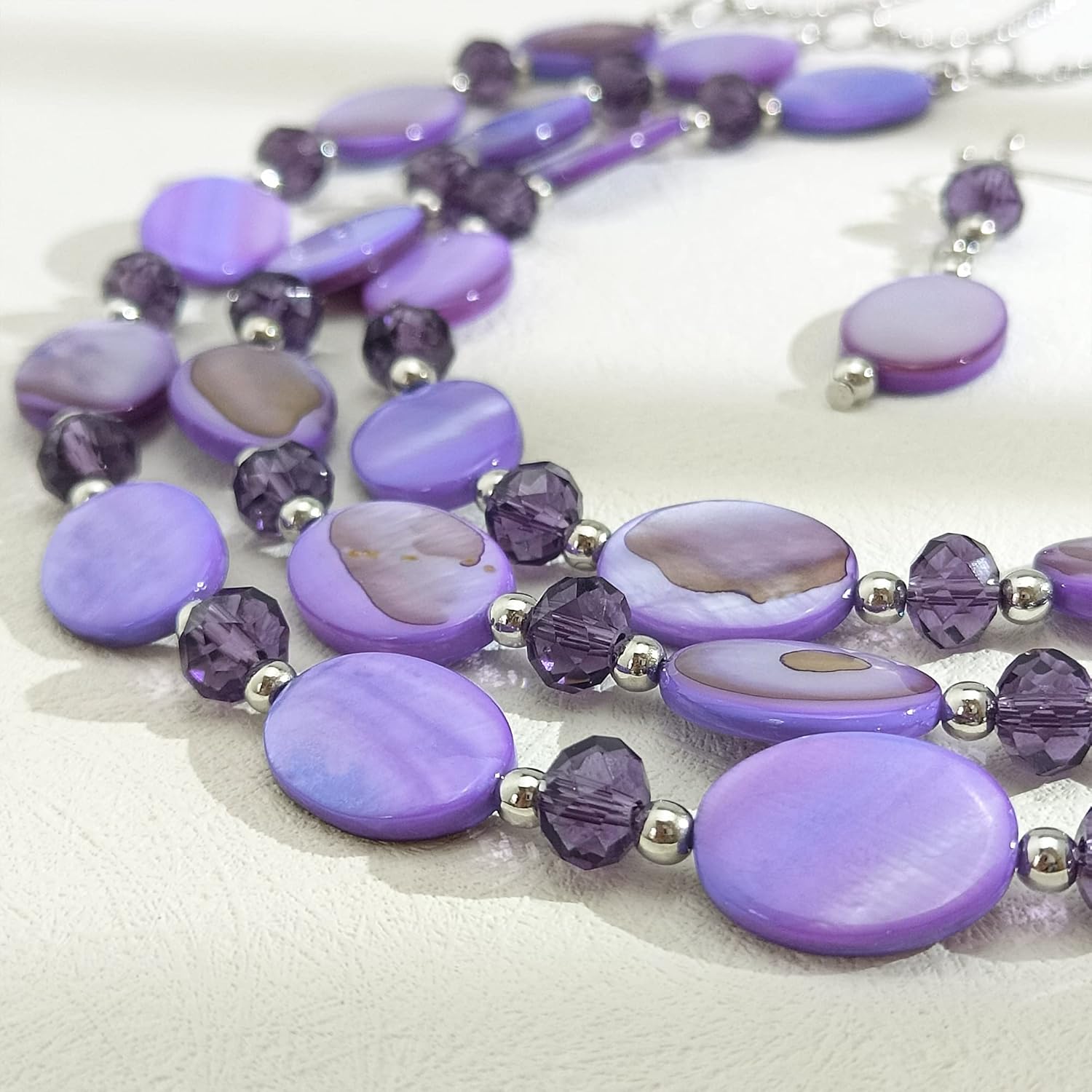 Firstmeet 3-Layer Mother of Pearl Beads Necklace with Earrings Oval Beads Pendant Jewelry for Women - Image 6