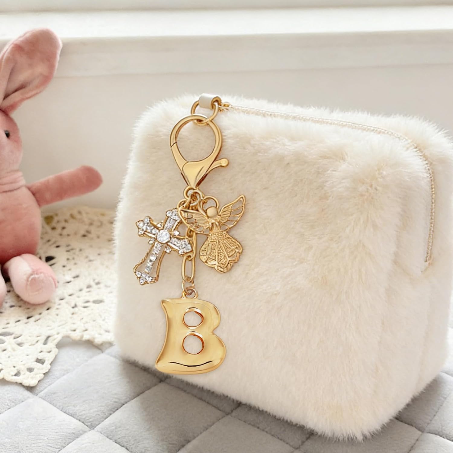 Snycler Angel Initial Keychain with Cross Pendant - Personalized Gold Letter Bag Charm for Women, Spiritual Gift, Cute Purse - Image 4