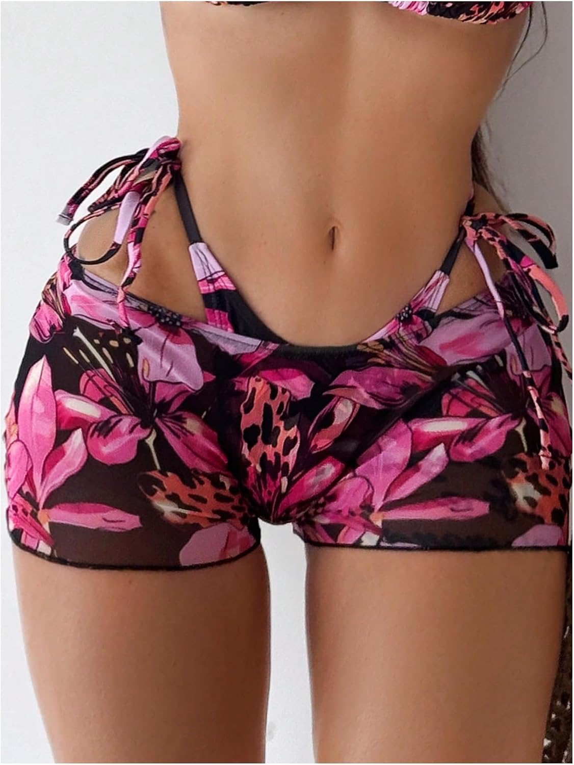 WDIRARA Women's Floral Print 3 Piece Bikini Set Halter Triangle String Swimsuit with Swim Shorts - Image 5