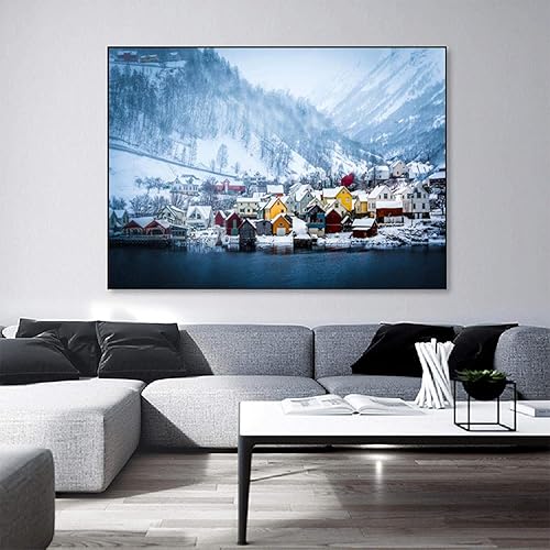 Miniatura 6 de Cuadro sobre lienzo, Cuadros de paisaje de montaña de nieve de ciudad moderna, cuadro de arte de pared de lienzo para sala de estar decoración del