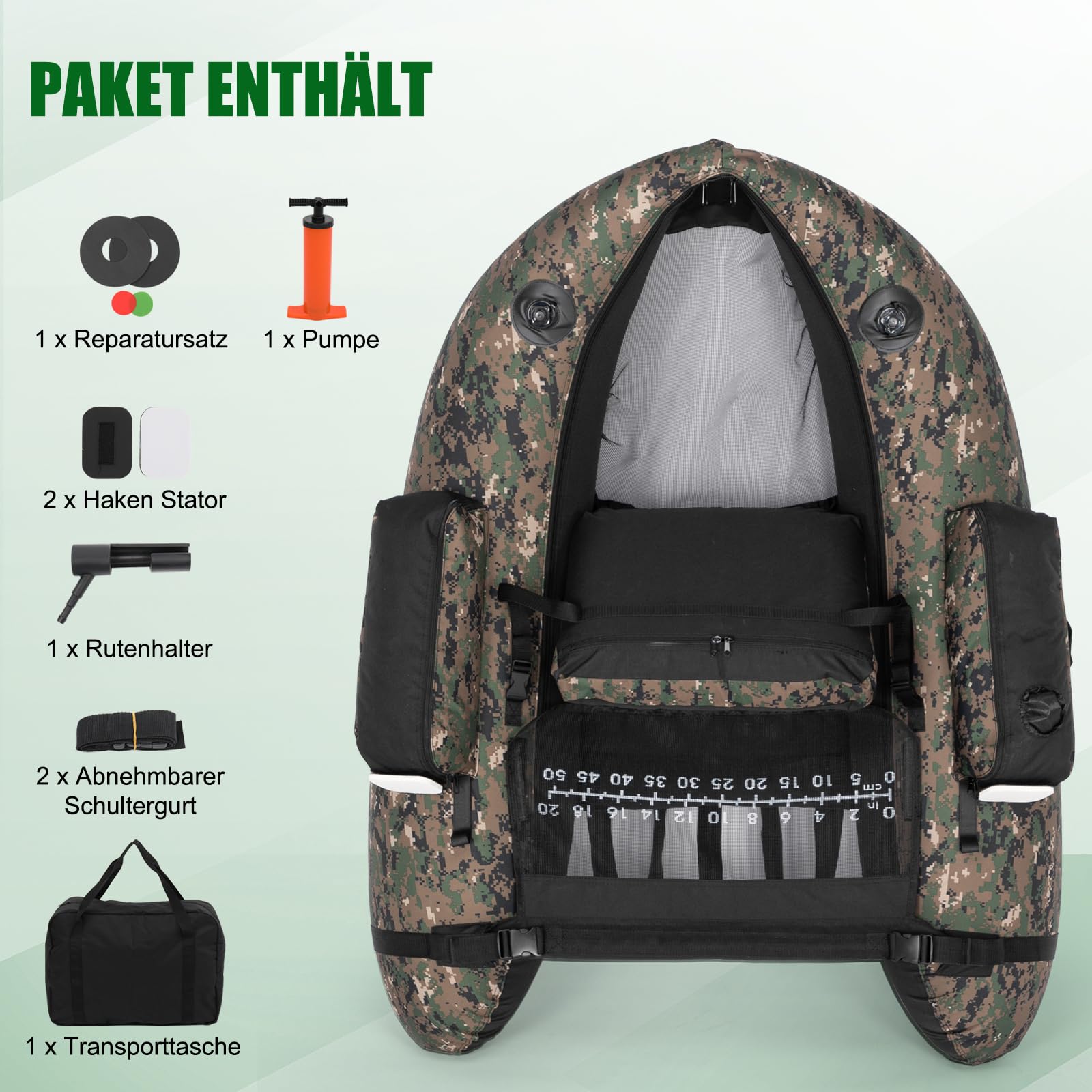 LEADZM Camuflaje - Barco inflable con bomba, barco de pesca con soporte para caña de pescar, correas ajustables, bolsa de almacenamiento, capacidad de carga 150 kg
