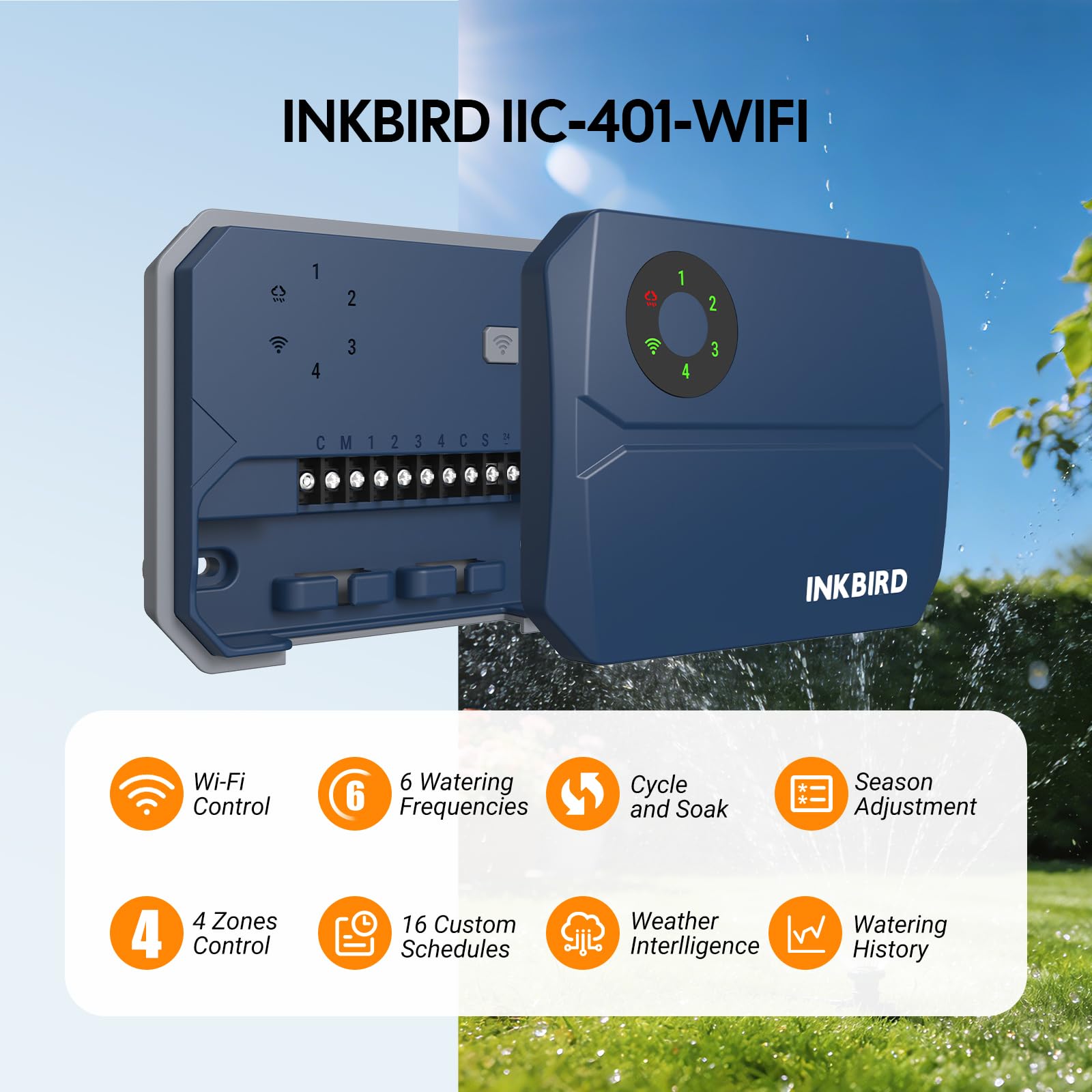 INKBIRD IIC-401-WIFI 4-strefowy sterownik nawadniania WiFi, inteligentny sterownik zraszaczy z inteligentnymi pominięciami pogodowymi, obliczanie zużycia wody, ręczne podlewanie, do trawnika, ogrodu