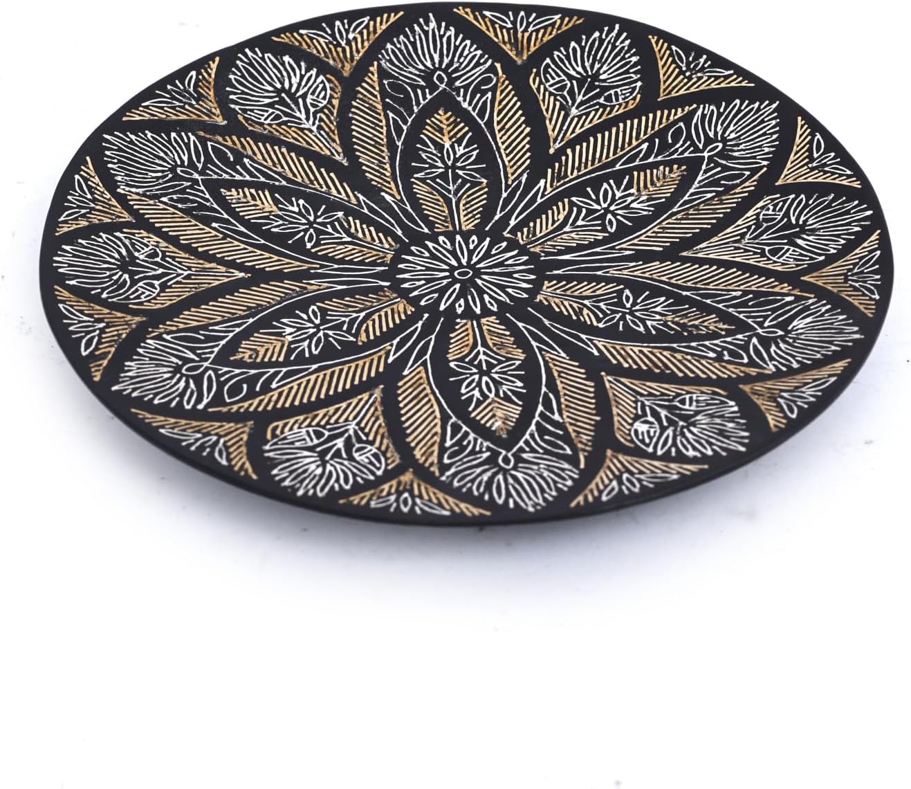 NATRIEL Bidri Art Decorative Plate, Round, Black and Gold Mandala Design, 5.9 Inch
