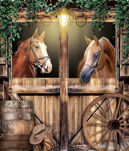 Dzmaimo Color-7 Western Horse Shower Curtain Farmhouse Barn Door Cowboy Green Leaves Shower Curtain Bathroom Set Wood Old Bathroom Decor 72 X 72 Inch