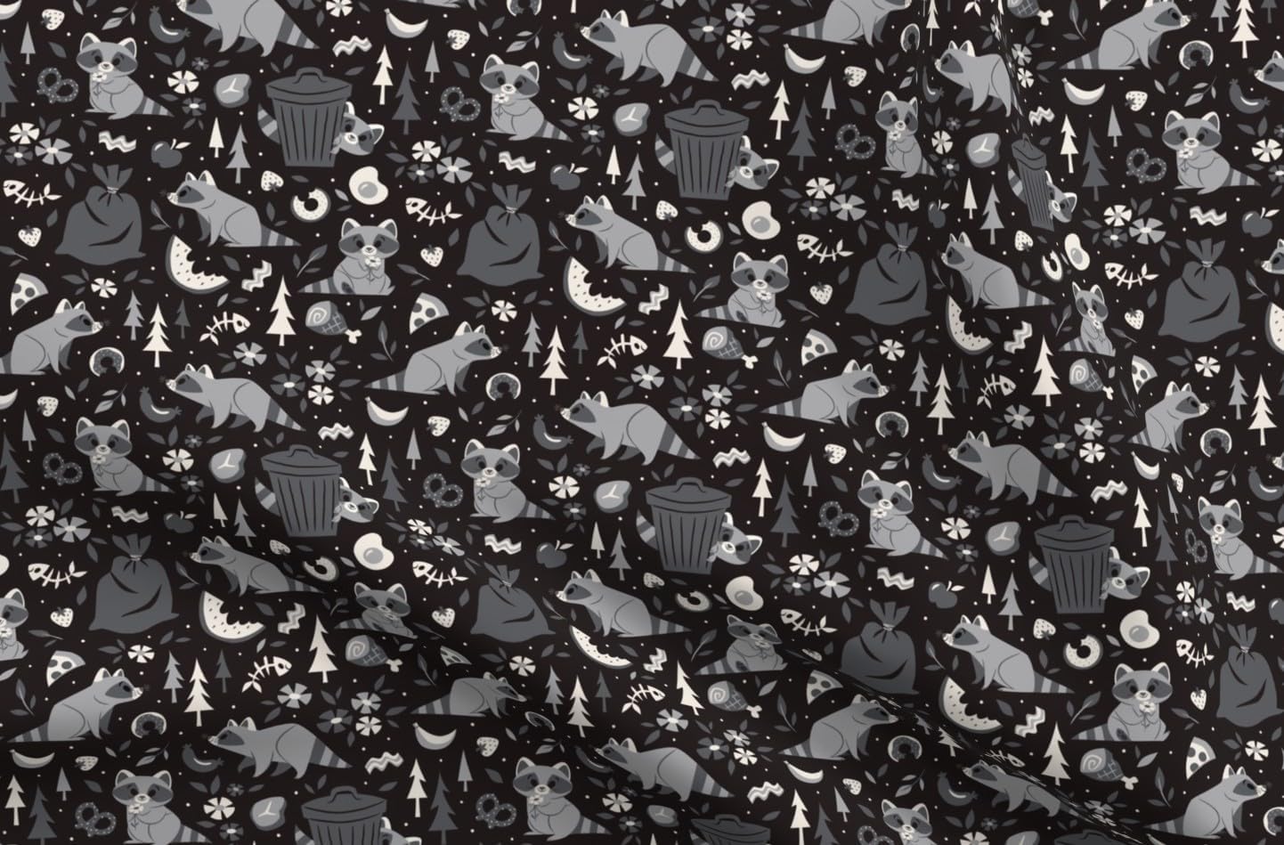 Spoonflower Fabric - Cute Racoon Black Gray White Floral Food Raccoon Bacon Donut Trash Printed on Petal Cotton Fabric Fat Quarter - Sewing Quilting Apparel Crafts Decor