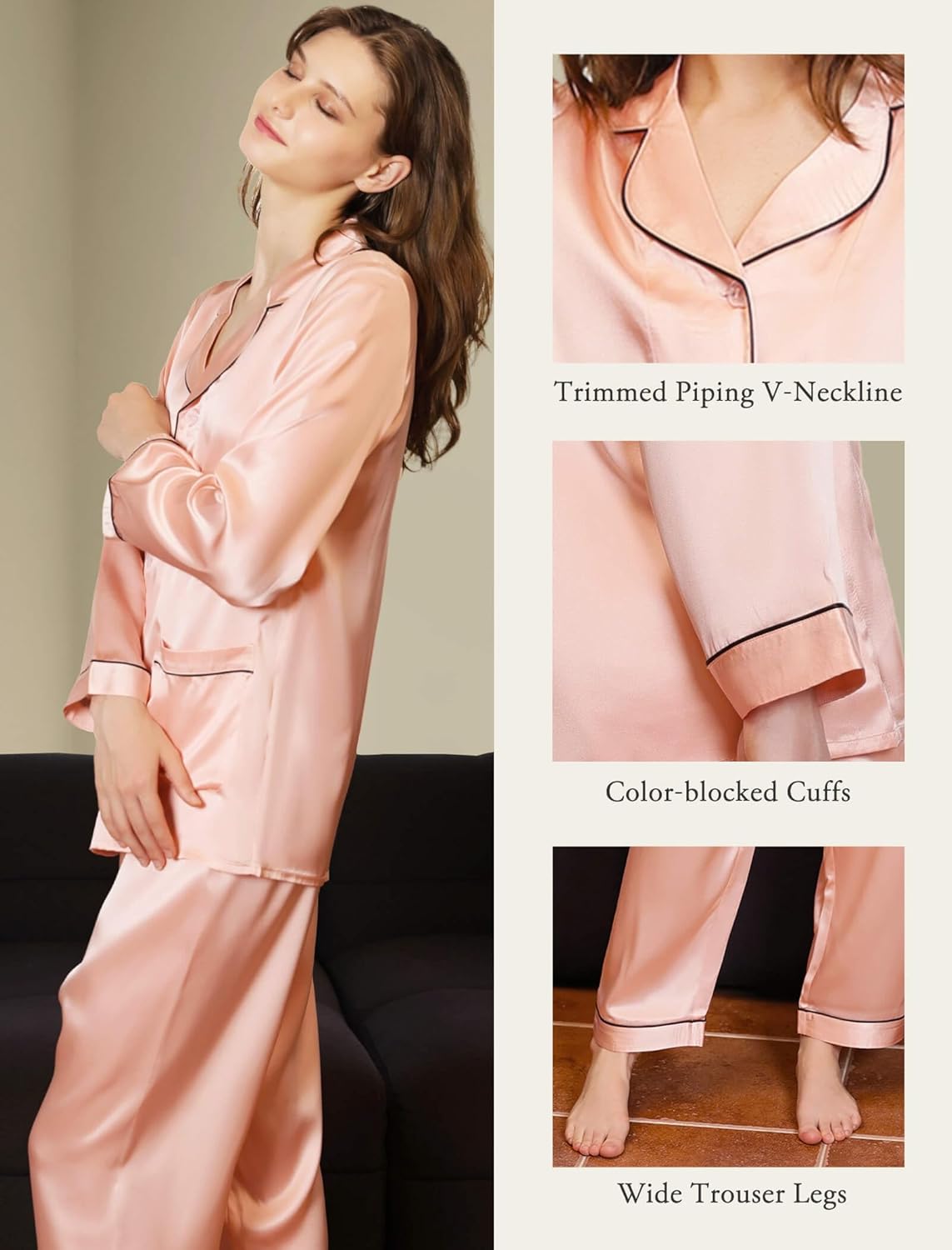 COLD POSH Womens 22 Momme 100% Mulberry Silk Pajamas Set Full Length Luxury Loungewear Sets for Valentines Pjs - Image 3