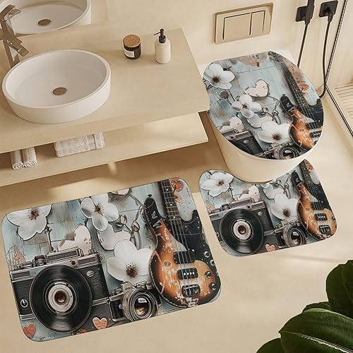 Miniatura 6 de Juego de 4 cortinas de ducha retro para cámara de guitarra con alfombras, tapa de inodoro y tapete de baño, instrumentos musicales florales blancos,