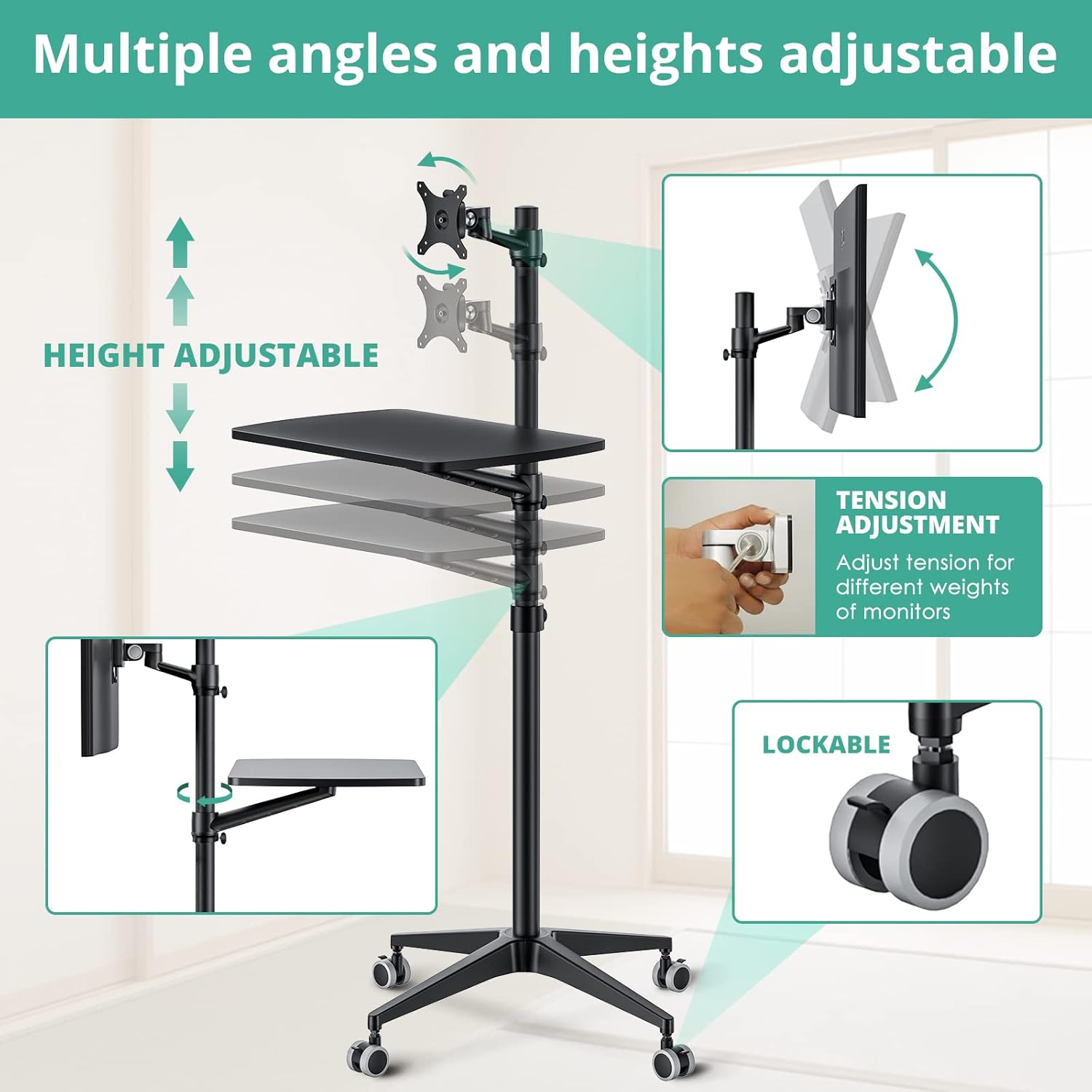 Viozon Mobile Desk,Mobile Workstation,Mulitiuse Rolling Laptop Floor Stand,34-48.6 Height Adjustable,Compatible with 17-27 Monitor&12-17 Laptop,21×14 Desk,Maxload 17.6lbs,4 Lockable Wheels B