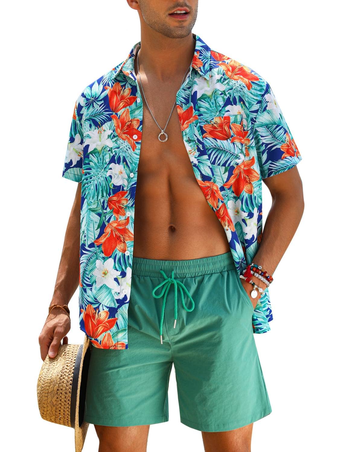 EISHOPEER Herren-Blumenhemd, Hawaii-Sets, lässig, Button-Down-Kurzarmhemd und solide, schnell trocknende Strand-Shorts, S-3XL