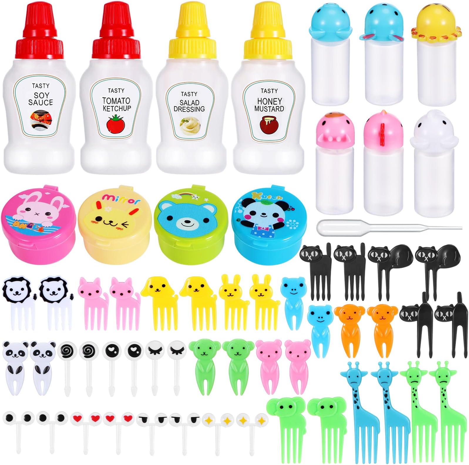 50 Pcs Kids Bento Box Accessories Including Food Picks Mini Condiment Bottles Ketchup Squeeze Bottles, Mini Soy Sauce Container with Funnel for Kids School Bento Camping Office Accessories (Animal)