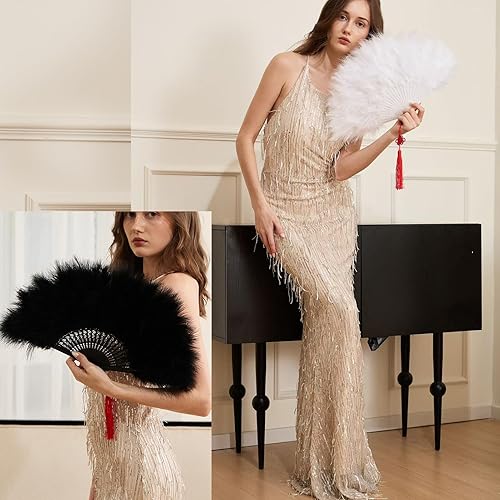 Miniatura 2 de Happy Feather Handheld Marabou Feather Fan, 1920s Vintage Style Flapper Hand Fan for Costume Party and Dancing-WHITE