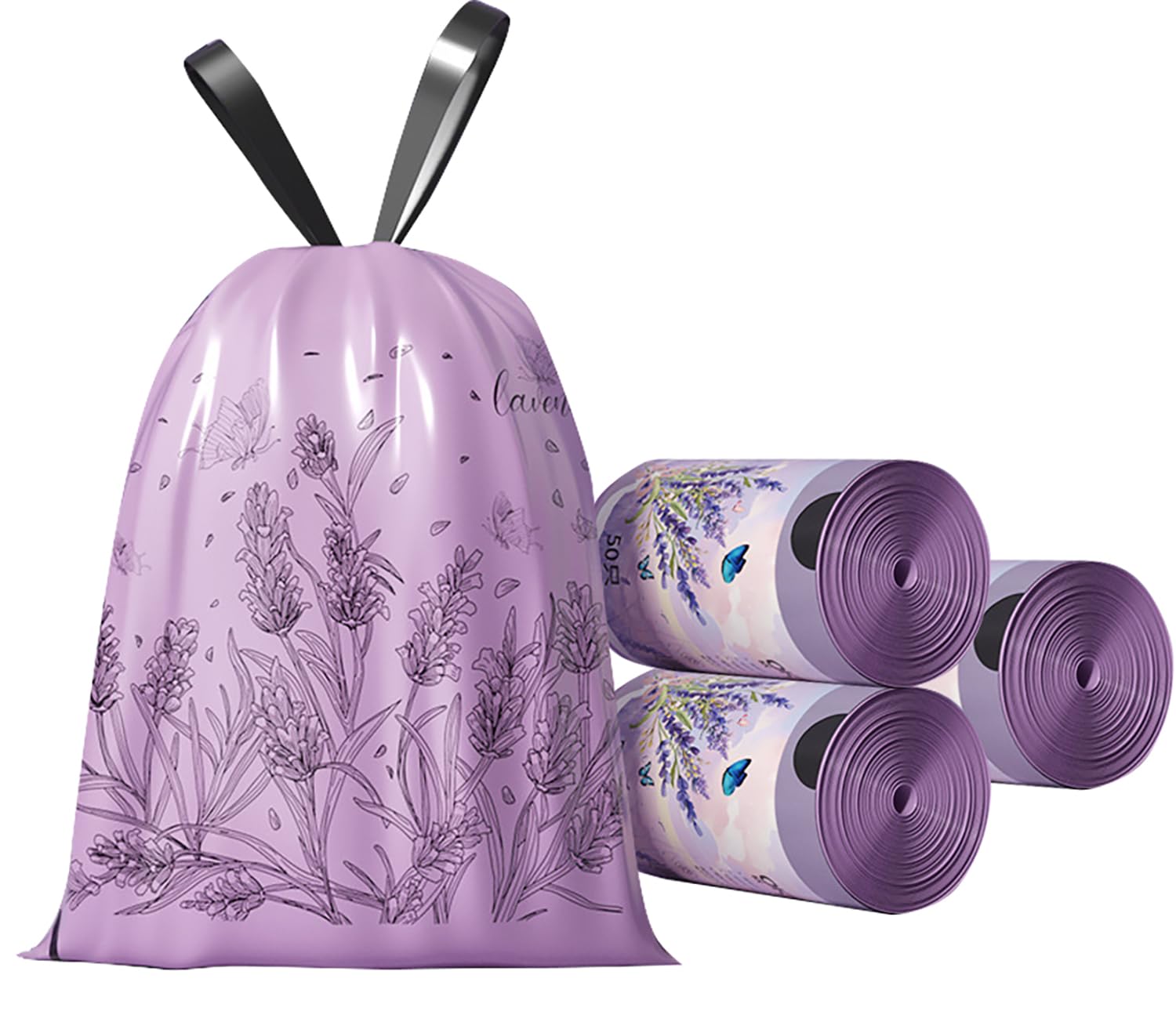 100pcs 2.6 Gallon Small Trash Bags Tearing-Free Drawstring for Bathroom Office Home Bedroom Trash Can with Purple Lavender Printed Garbage Basket Bags (2.6 Gallon Purple, 100 Count)