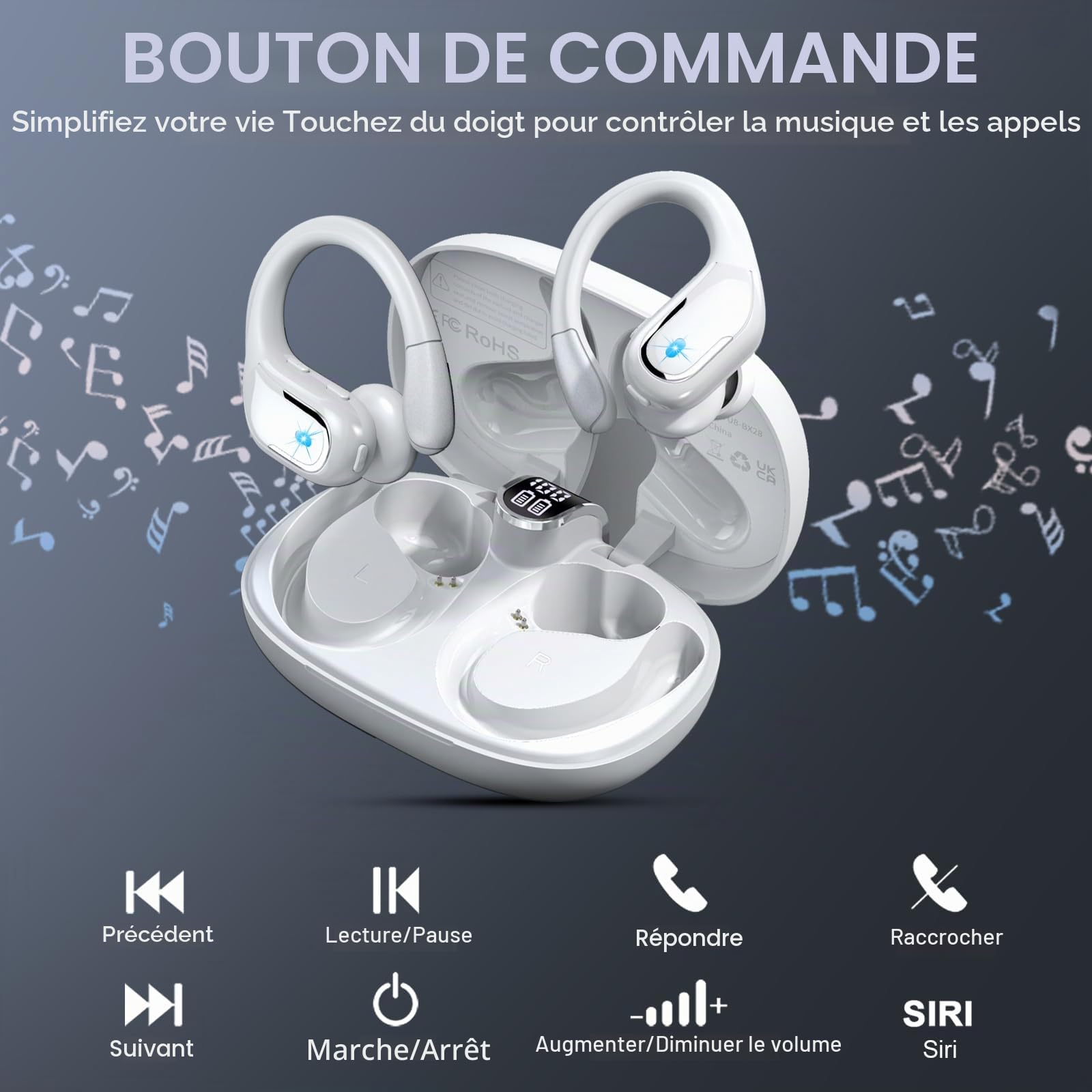 angenommen, Casque Bluetooth Sport-Music XS, 2021 Ecouteurs Bluetooth 5.3 HiFi Stéréo, ENC+ pour Appels en Voiture, Étanche IPX7