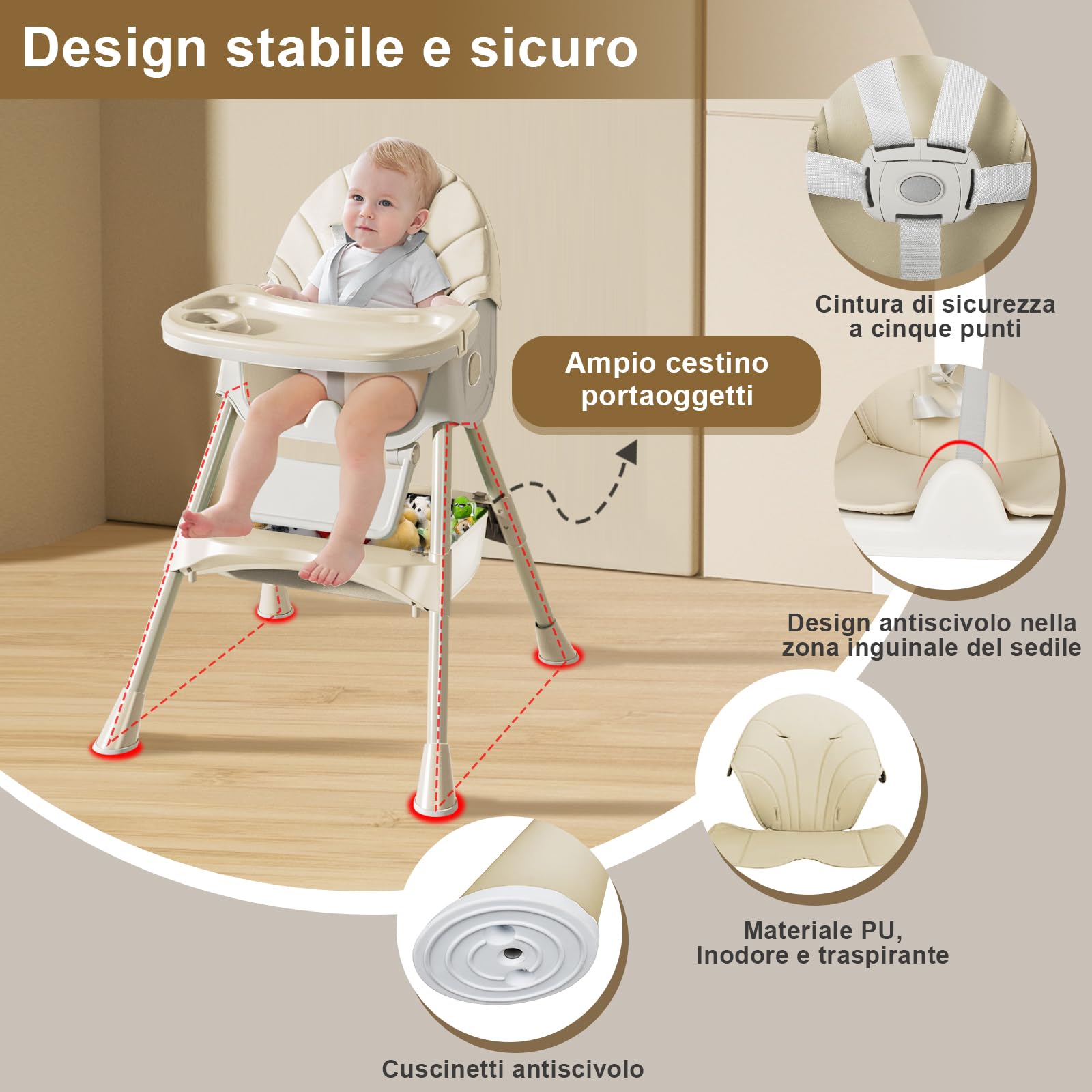 Seggiolone Pappa Pieghevole, Seggiolone Evolutivo con Dondolo Neonati, Piatto da Cena Smontabile, Schienale regolabile, per Bambini da 6 Mesi fino a 3 Anni, Beige