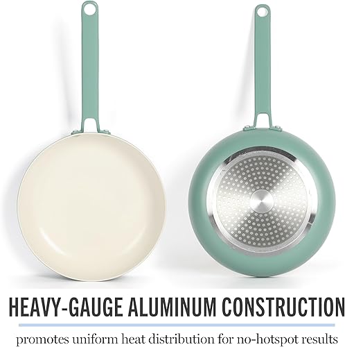 Miniatura 6 de Martha Stewart Emmeline - Juego de ollas y sartenes de aluminio esmaltado de calibre pesado, antiadherentes, sin PFA, 12 piezas, color verde azulado