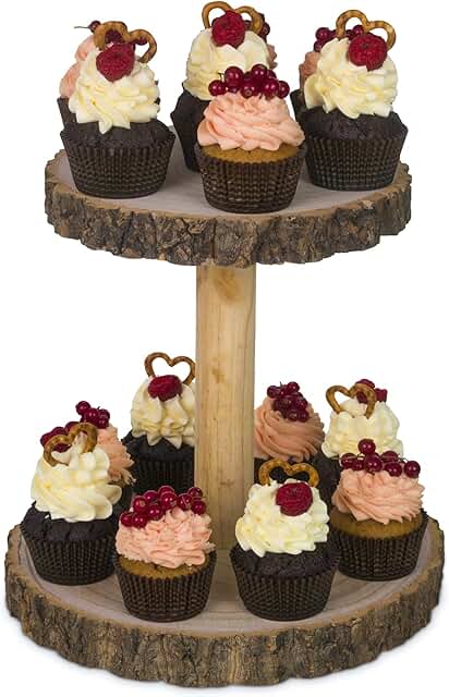 Hearthford Rustic Cupcake Stand Wood - Cake Stand, Wooden Cupcake Tower & Cheese Serving Board | Two Tiered Tray Decor for...