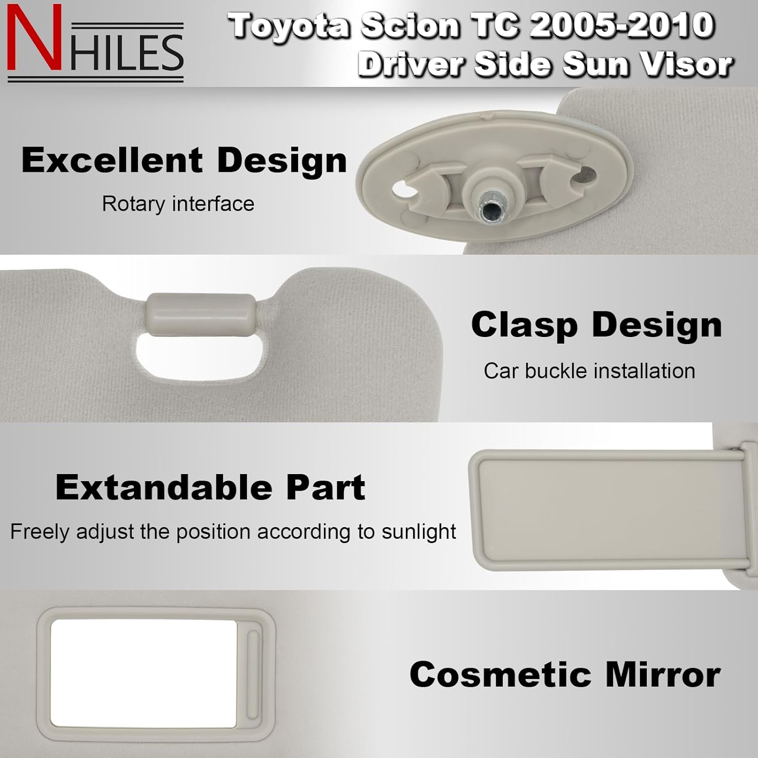 NHILES Driver Left Side Sun Visor Replacement Fits for Toyota Scion TC 2005-2010 Sunshade Without Light 7432021150B0 Color Gray