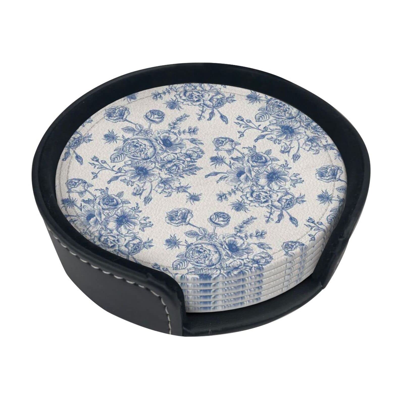 Floral Pattern with Bouquet of Blue Flowers Delicate Victorian Design,Night Blue White, Decorative Round Cup Mat Pad Rustic Round Coasters Pu Drink Coasters with Holder for Cup & Mug