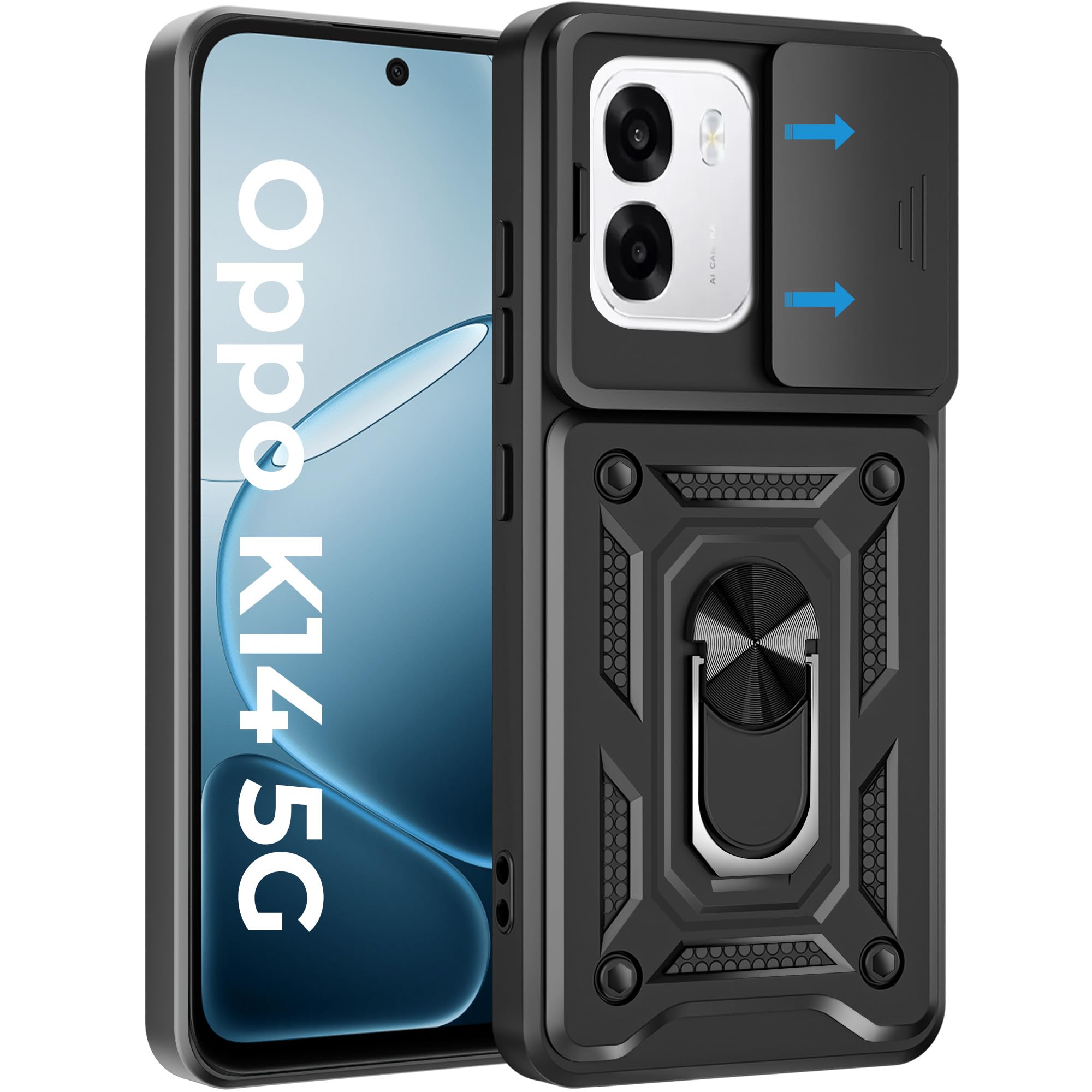 A rtistque Armor Bumper Back Cover Case for Oppo K14 5G / Oppo A6 Pro 5G | Ring Holder Stand | Sliding Camera Protection | Shockproof Heavy Duty Design | Oppo K14 Back Cover - Black
