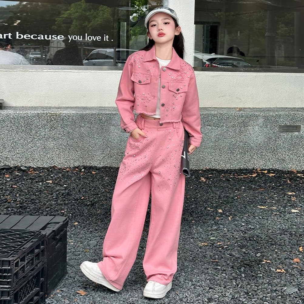 [OUBINEWER] 女の子 上下 2点セット デニムコート ロングパンツ ガールズ 春 秋 長袖 開襟 着痩 シンプル かっこい