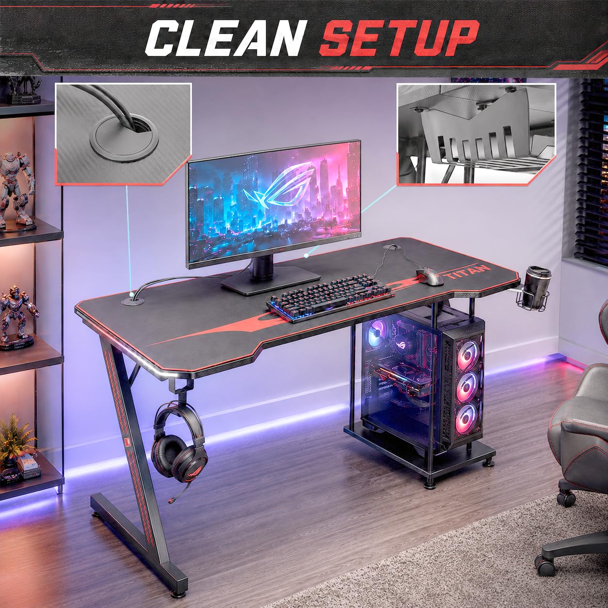 MY SIT Gaming Tisch 140 cm Titan Farbwechsel LED Beleuchtung - Kopfhörerhalter PC-Halter Getränkehalter - Leistungsstarkes Kabelmanagement - Schreibtisch Gaming Computertisch in Schwarz