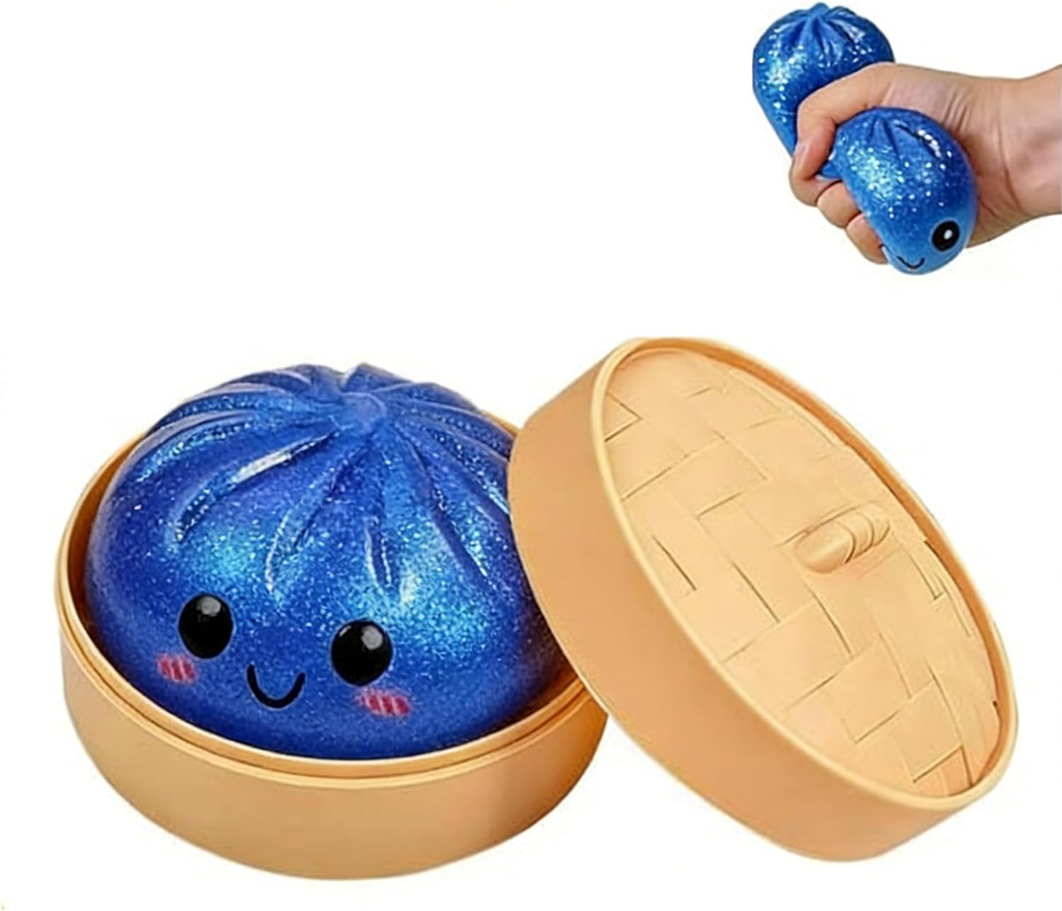 Glitter Dumpling, 2026 Upgrade Glitter Dumplings Squishy Box, Soft Squeeze Decompression Dough with Food Steamer, Stress Relief, Blue