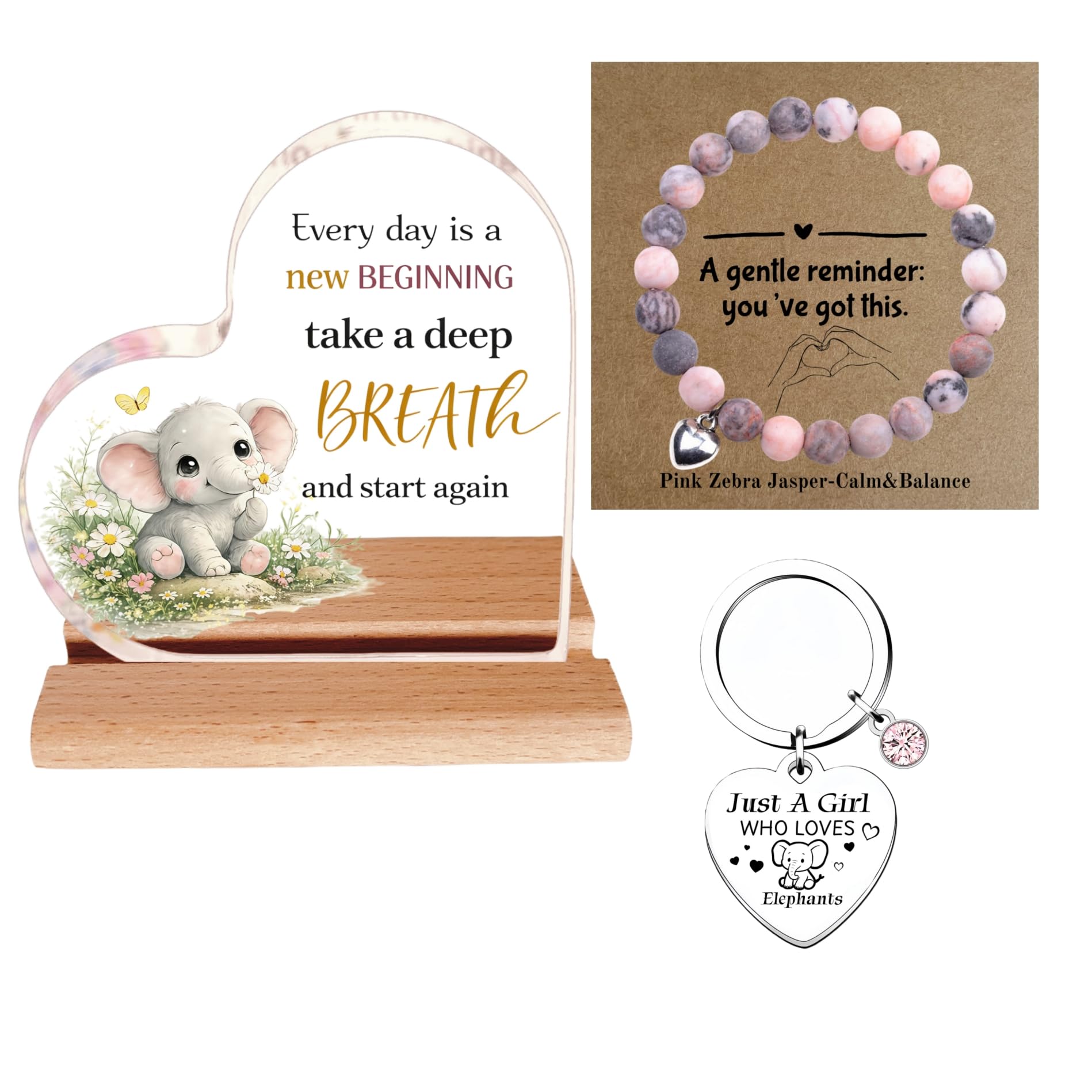 Elephant Gifts for Women, 3-in-1 Inspirational Gift Set, Pink Zebra Jasper Healing Bracelet, Acrylic Heart Desk Plaque & Keychain, Encouragement Stress Relief Gifts for Friends Mum Coworker (Elephant)