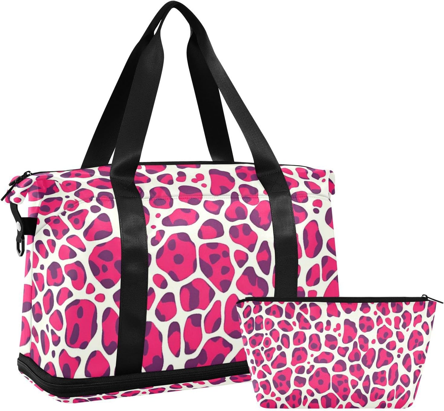 Chinese Leopard Skin Print Deeppink Sports Tote Gym Bag Large Carry On Airport Bag with Toiletry Bag for Yoga Multifunctional