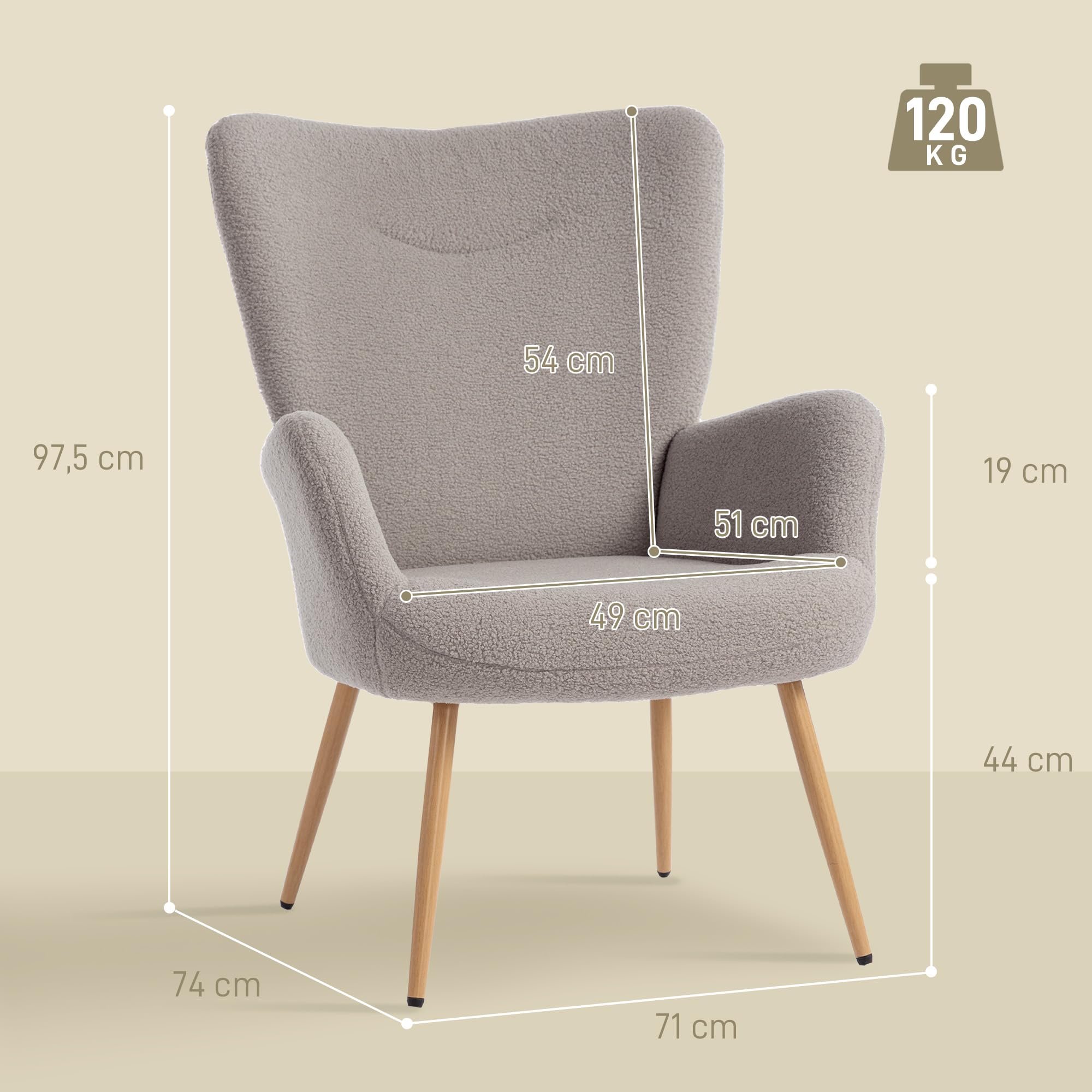 HOMCOM Sillón tapizado en Tela Boucle con Estructura de Acero Gris | Sillón de acento, respaldo alto, reposabrazos, para salón, dormitorio, rincón de lectura