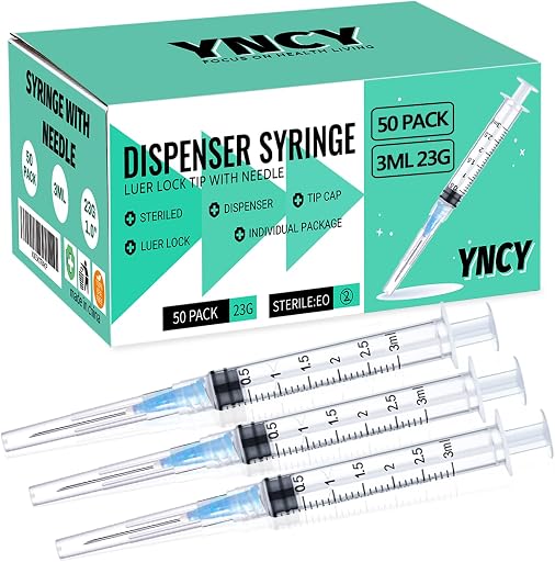 50 Pack 3ml Disposable Syringe with Needle 23Ga 1.0 Inch, Luer Lock Syringes, Individual Sterilized Wrapped