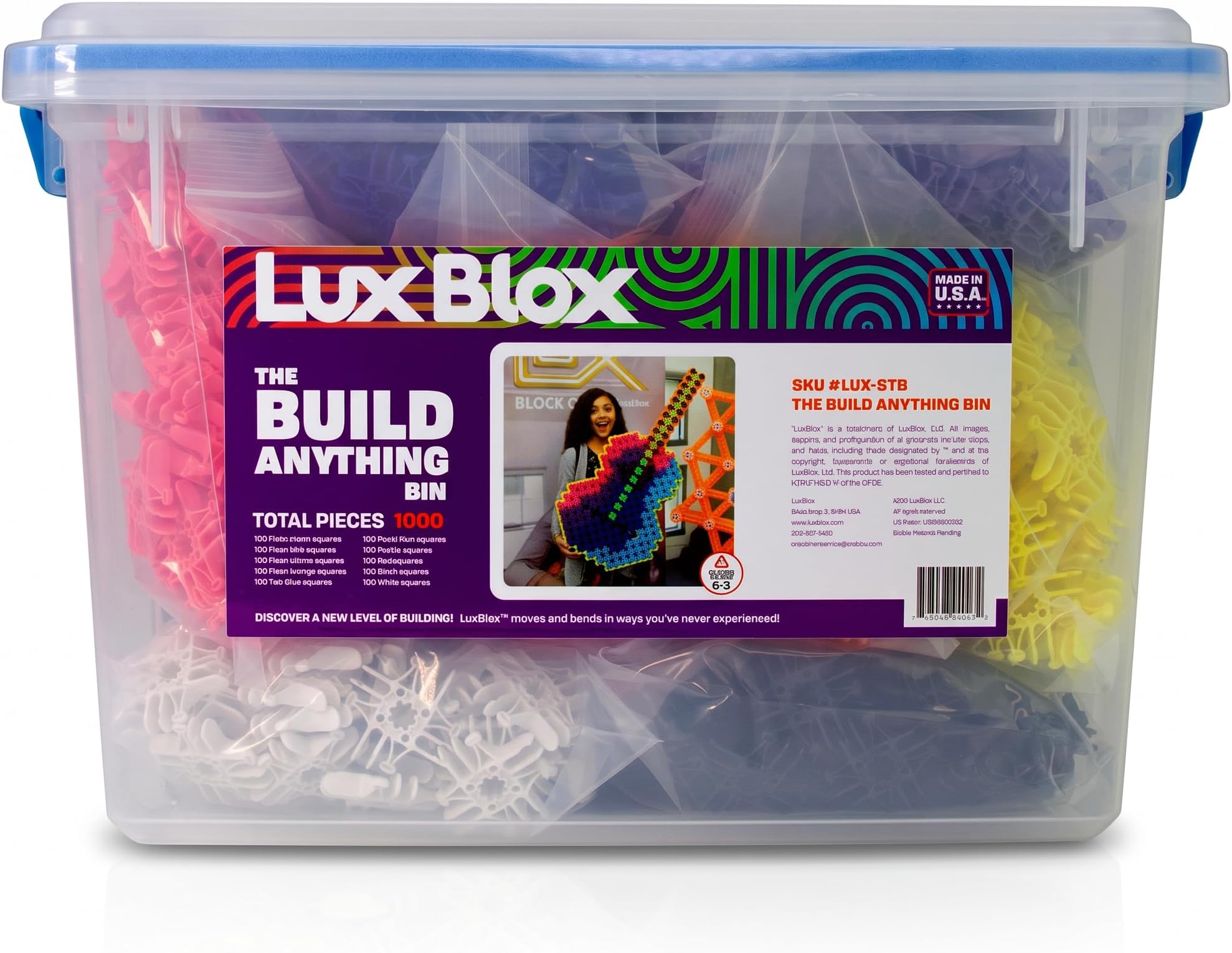 - Lux Blox Build Anything Bin - 1000 Pieces of 10 exciting Color Blocks Tiles. STEAM STEM Toys for Boys and Girls 8 and up for Little Engineers.