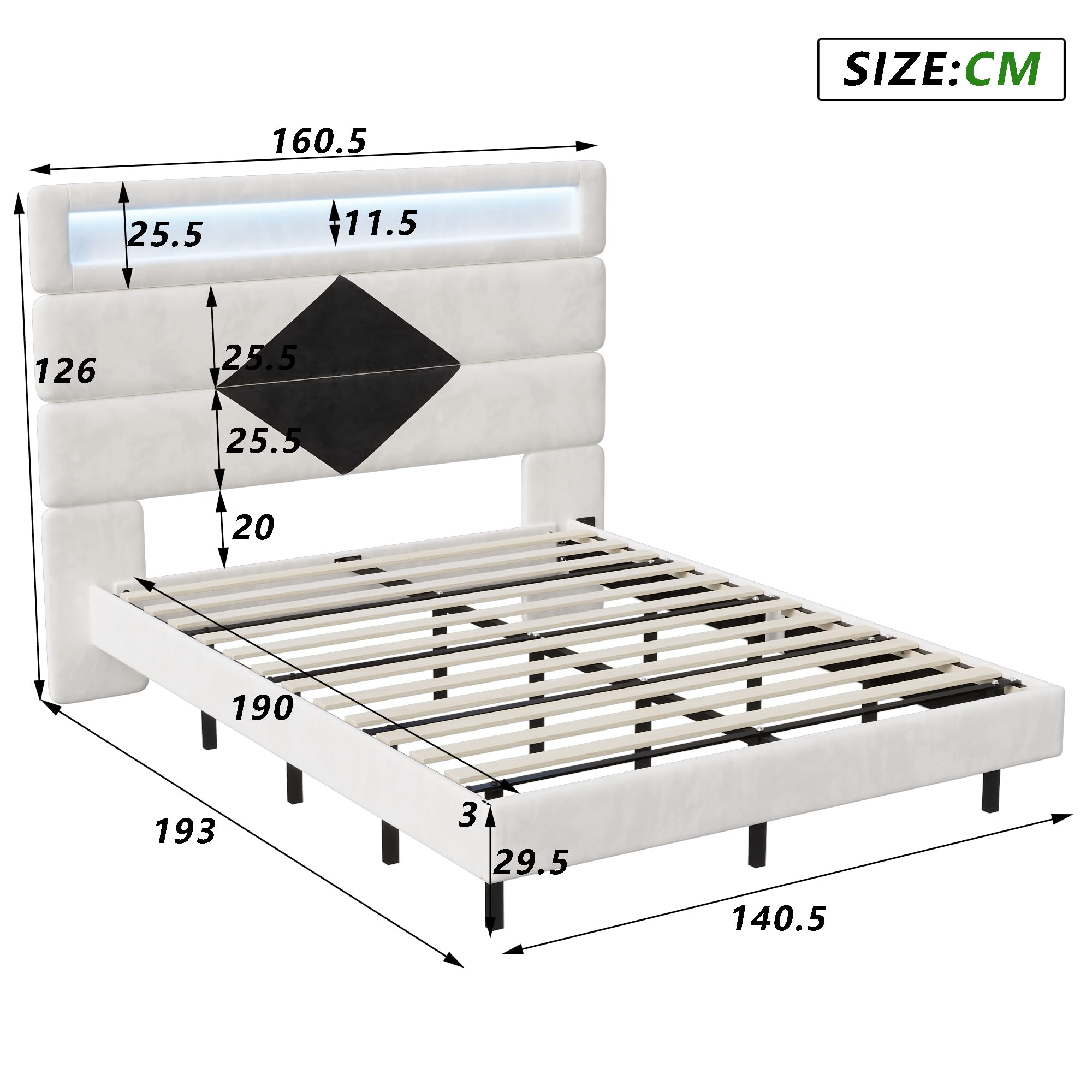 KeepGoon Cama suspendida, Cama Doble de 140 x 190 cm, Tablero de Madera Ajustable,Cama Matrimonio, Puerto USB de Carga Dual + LED, con somier, Cama tapizada, Terciopelo
