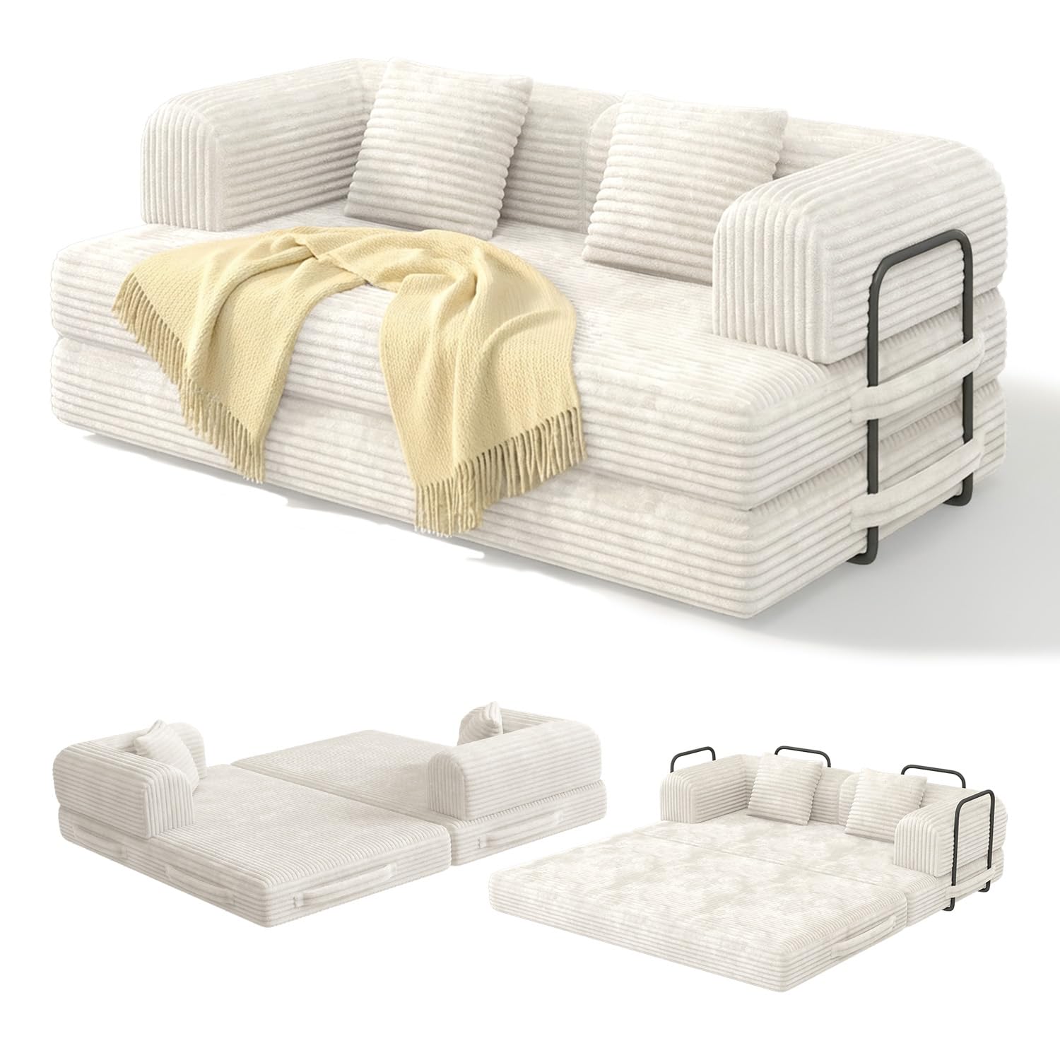 Xbro Sofá Cama 2 Plazas, Sofa Modular con 5 Configuraciones Transformables, Sofa Comprimido al Vacio(Sin Montaje) de Pana para Salón y Dormitorio, Blanco, 160x90x61 cm