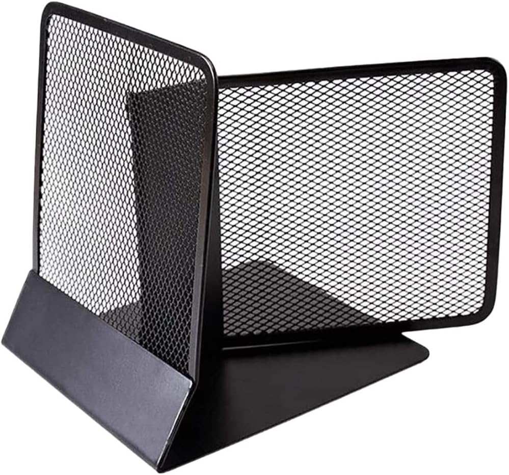 Book End Mesh Metal Bookends for Shelves Holds Heavy Books and for DVDs, Video Games Book Stoppers, 6.4*6.1*5.3in, Black