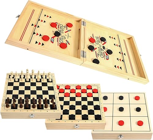 Juego grande de tablero de ajedrez 4 en 1 juego de disco de hockey damas dedo del pie de Tic Tac - Hockey de madera juegos de mesa para juegos