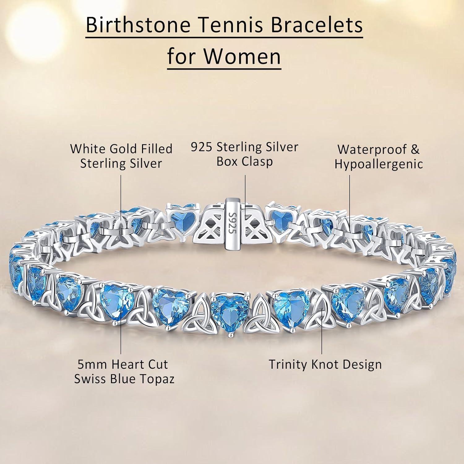 Birthstone Tennis Bracelets for Women, 925 Sterling Silver Heart Shaped Celtic Trinity Knot, 7 Inch Charm Trendy Hypoallergenic Anniversary Birthday Gifts for Her - Image 3
