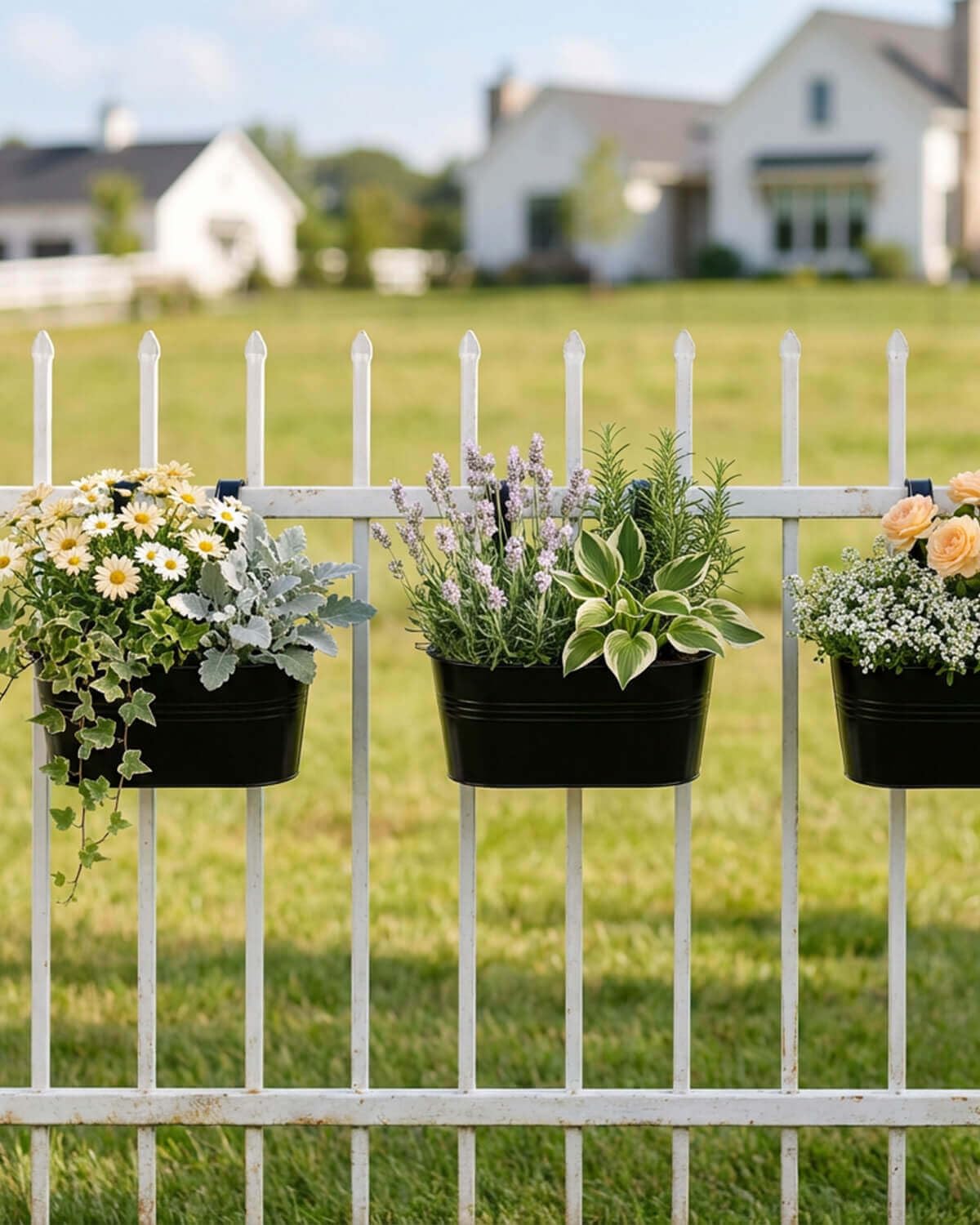 vensovo Maceta de metal para plantas al aire libre, paquete de 5 macetas colgantes para balcón con ganchos desmontables y agujeros de drenaje, ovaladas, para decoración del hogar y jardín, color negro