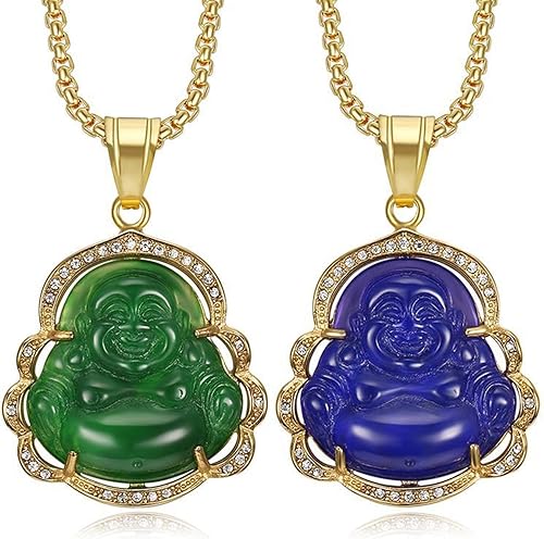 Miniatura 2 de COLORFUL BLING Lucky Laughing Buddha - Collar con colgante de jade verde con circonita cúbica, amuleto de piedras preciosas para mujeres y hombres