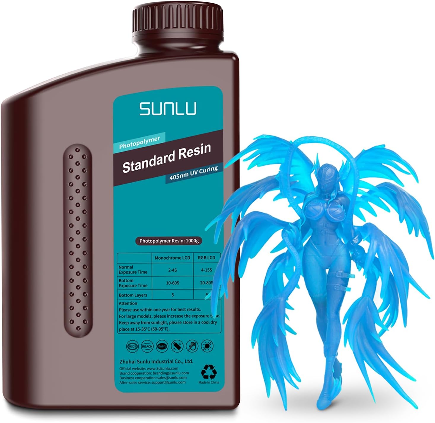 SUNLU 3D Printer Resin 1kg, Fast Curing Standard 3D Resin for LCD DLP SLA 3D Printers, 395 to 405nm UV Curing 3D Printing Liquid Photopolymer Resin, Low Shrinkage, High Precision, 1000g, Clear Blue
