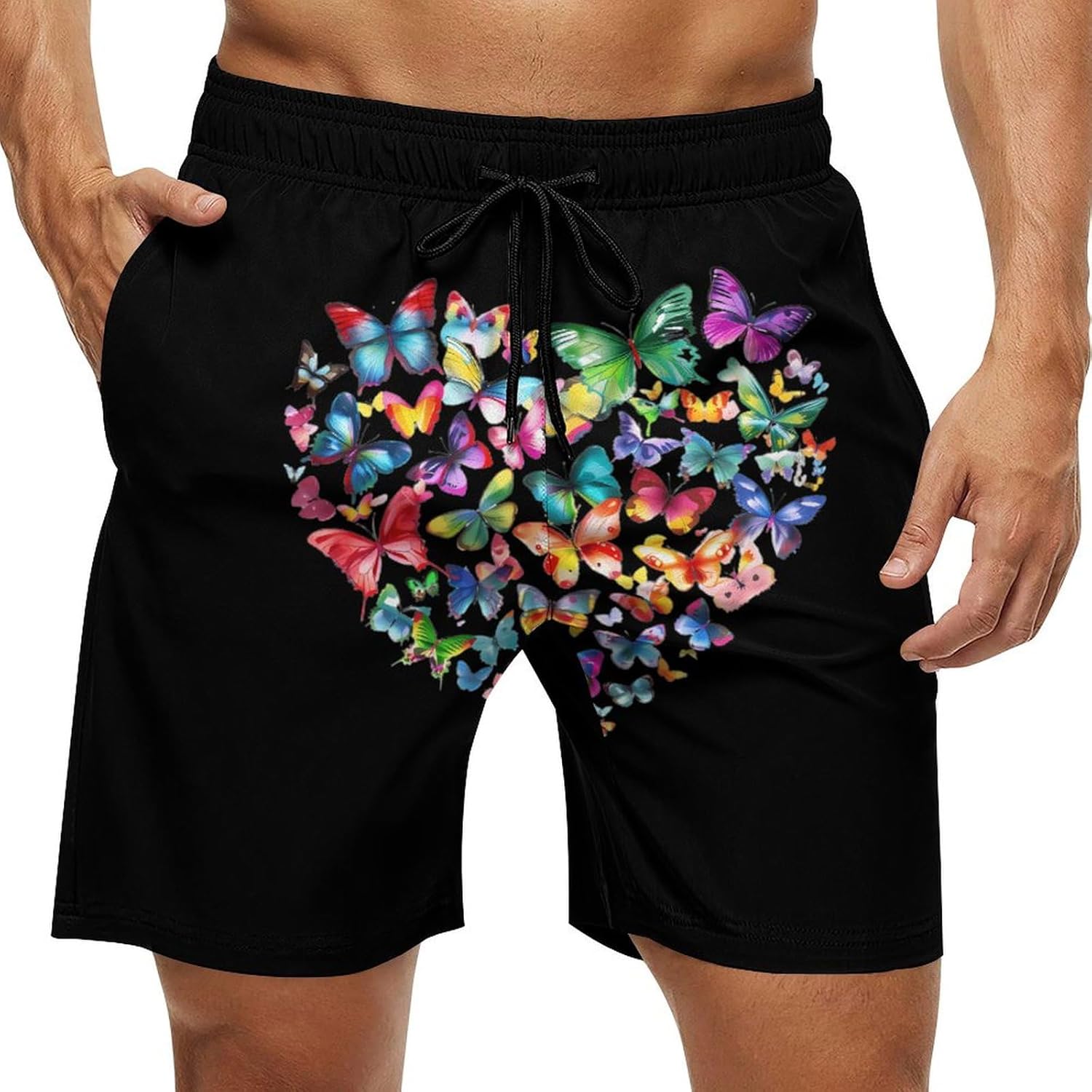 Colorful Butterflies Heart Casual Men's Swim Trunks Novelty Summer Beach Shorts Swimwear with Pocket