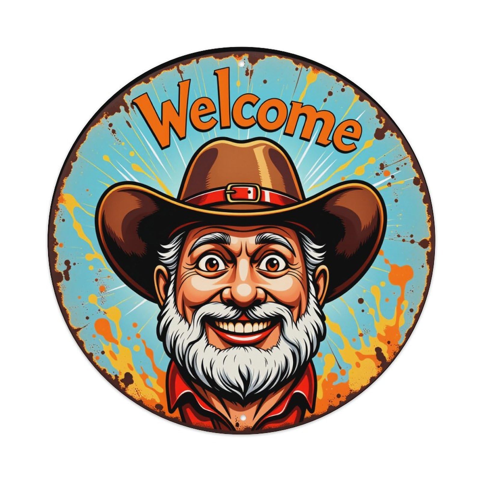 Welcome Cowboy Face Hat Red Vintage Metal Tin Sign Retro Wall Decor for Home Bar Garage Cafe, Indoor & Outdoor Decorative，circle Metal Poster, 8x8 Inch