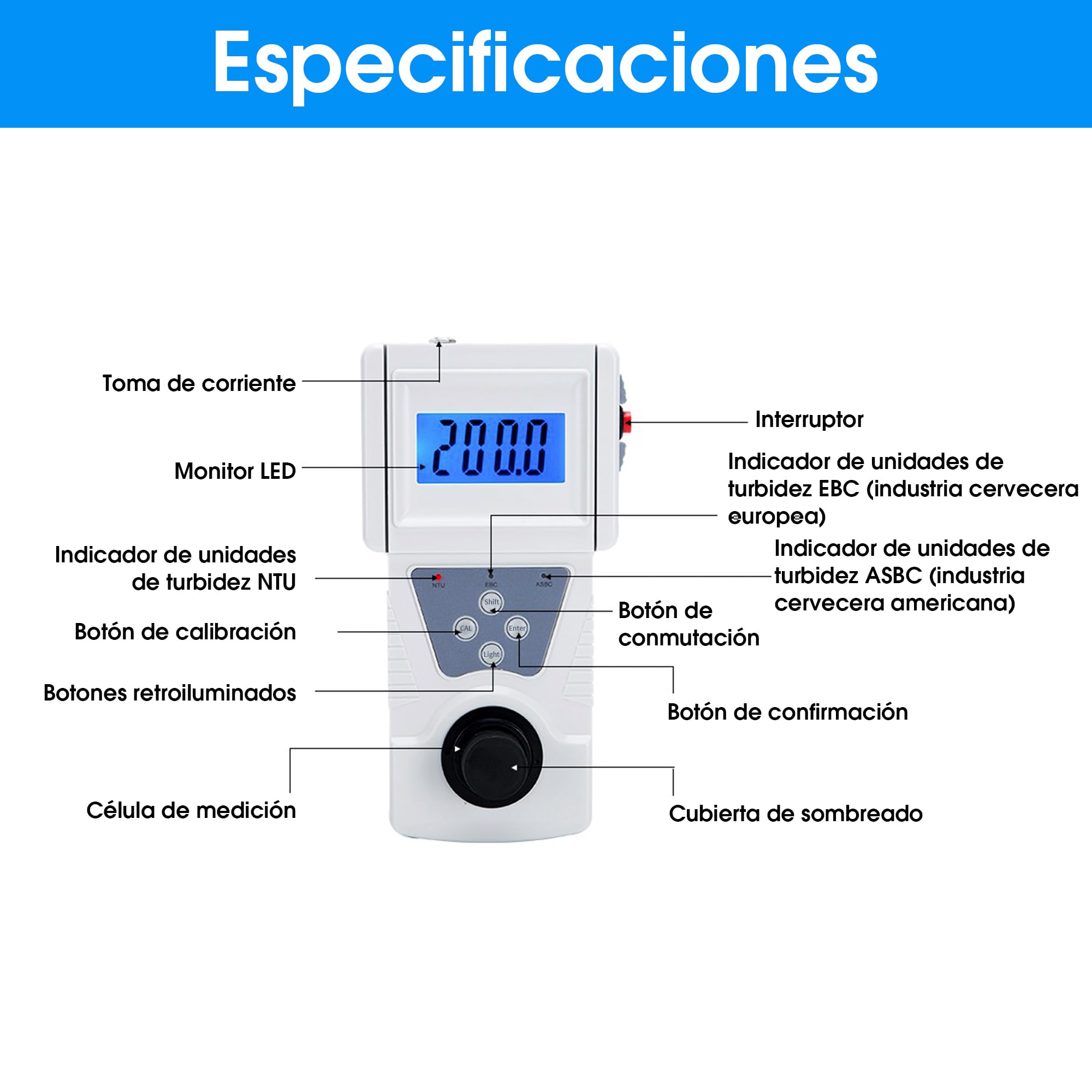 Turbidímetro digital portátil para agua, 0 a 200 NTU, compatible con ISO7027, precisión de 0,01 con luz de fondo para plantas de energía, plantas de agua pura e industria del vino