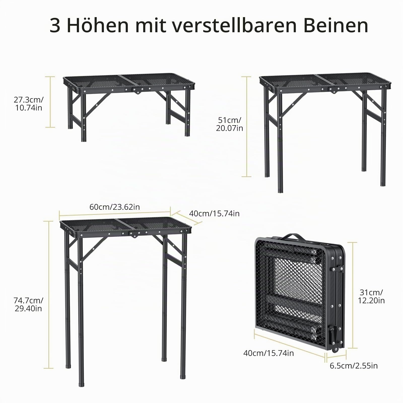 Anbte Campingtisch Klapptisch 60x40cm Aluminium Rahmen mit 3 Verstellbare Höhe 27/51/74cm Grilltisch mit Metallgitter Tischplatte Leicht Tragbar Beistelltisch für Garten Strand Picknick (Schwarz)