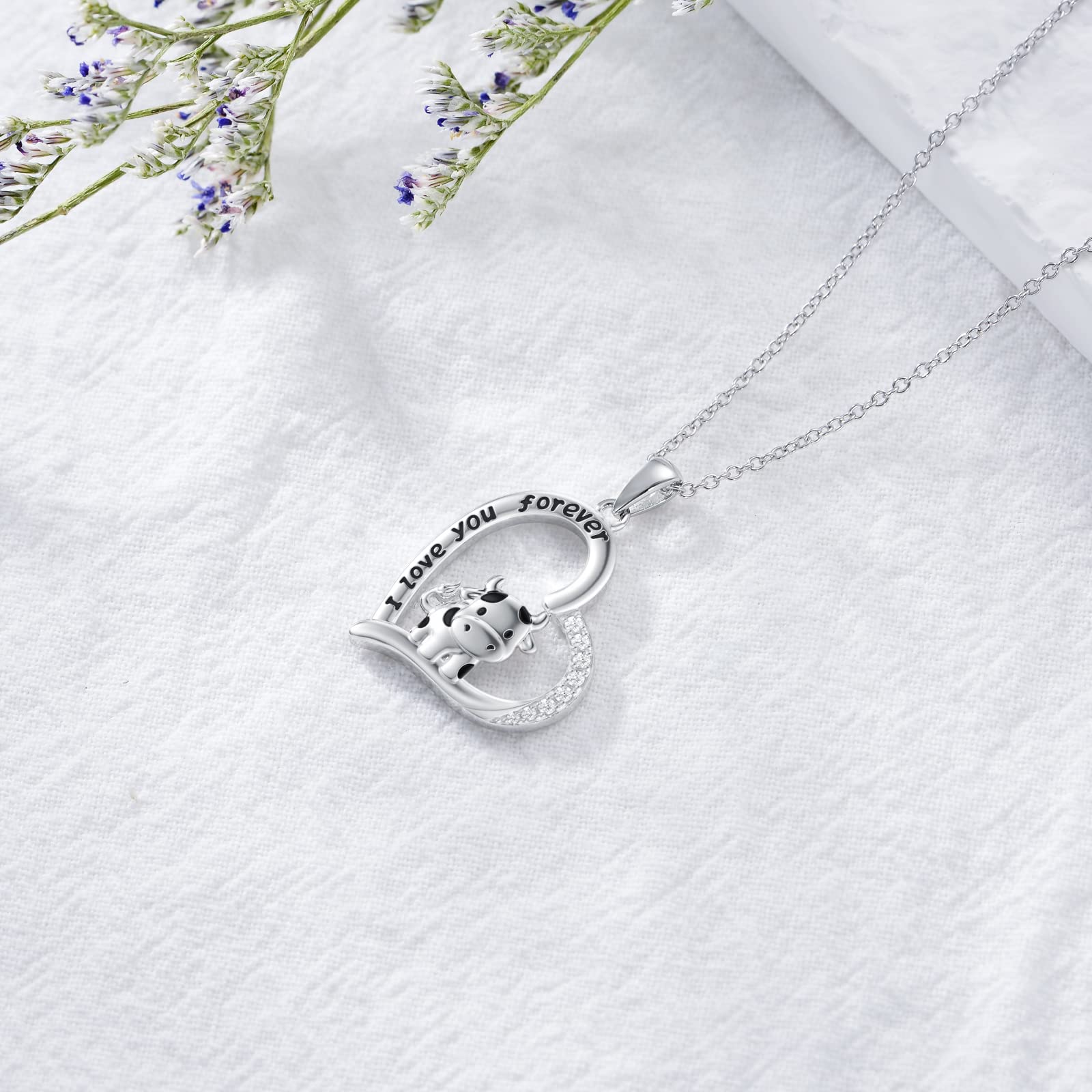 ROMANTICWORK Collana con ciondolo a forma di mucca in argento sterling 925 con ciondolo a forma di mucca, regali per donne e ragazze