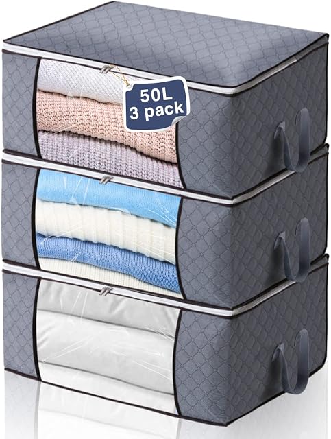 Clothes Storage Bags with Zips: 3 Pack 50L Capacity Clothing Storage Bag Organizer Waterproof Duvet Storage Under Bed Storage Box with Lid for Bedding