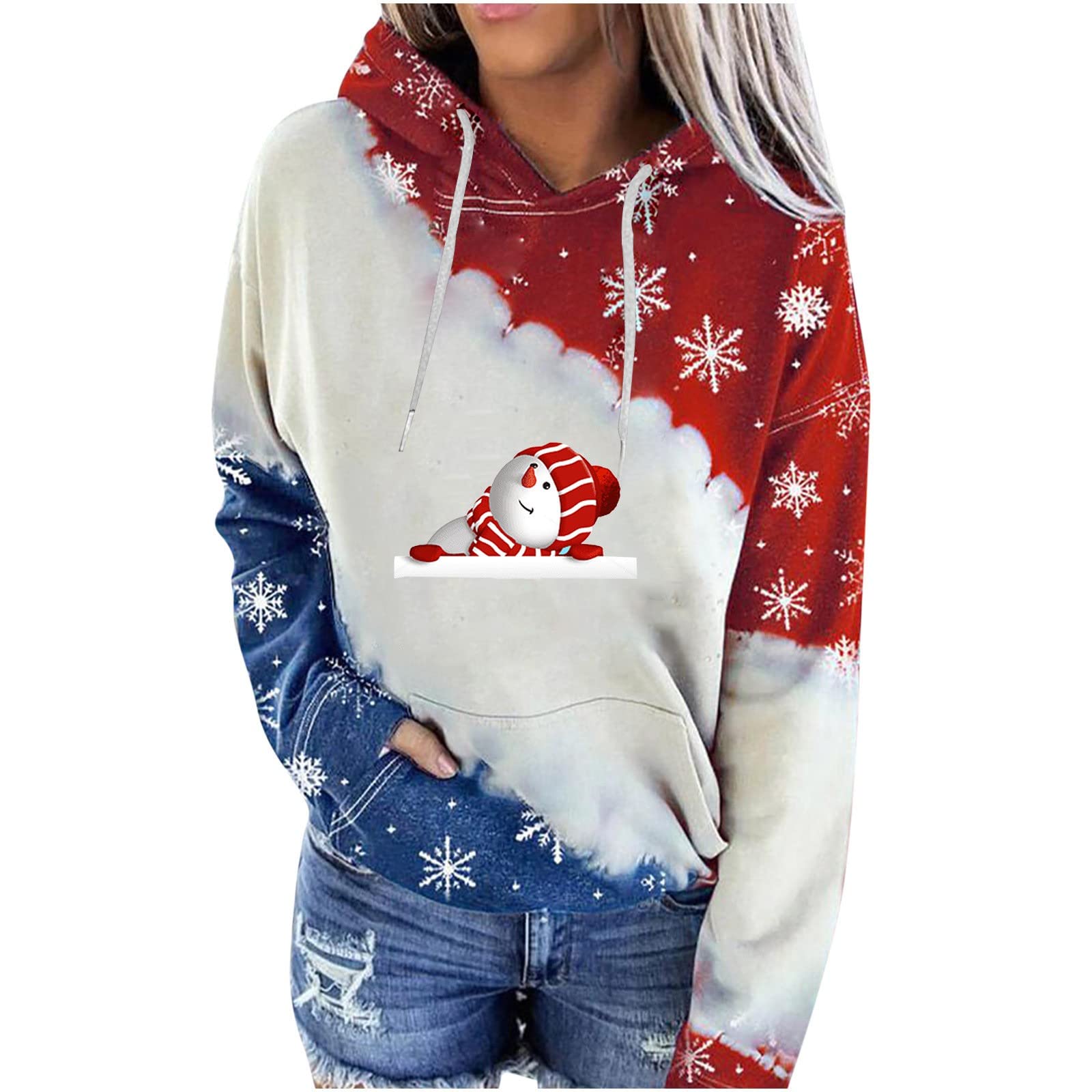 QITOHK Women's Sweatshirts Loose Fit Fashion Fall/Winter Hats Patchwork Christmas Print Hoodies Sweatshirts Fit, S-2XL